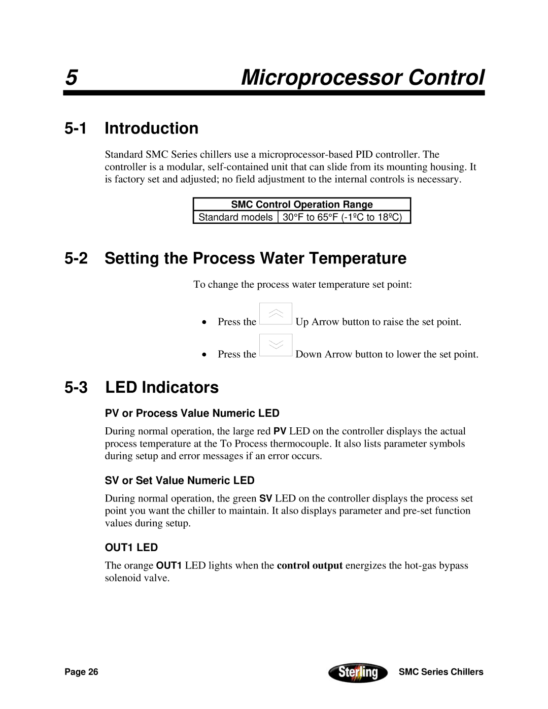 Sterling Power Products 30F to 65F Microprocessor Control, Setting the Process Water Temperature, LED Indicators 