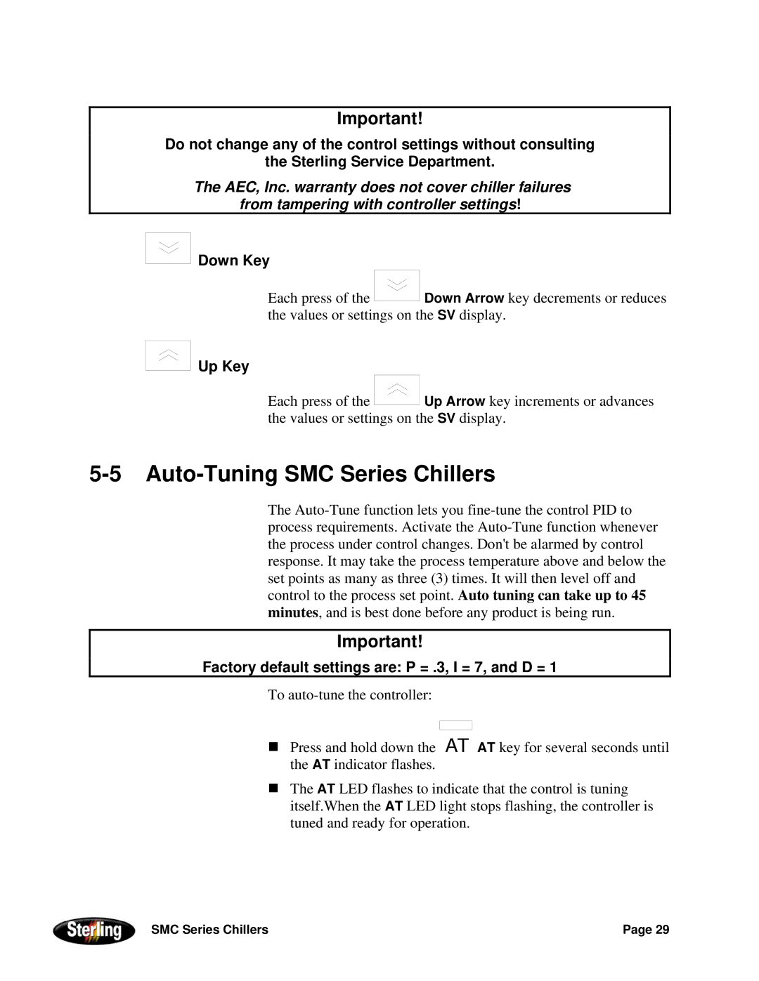 Sterling Power Products 30F to 65F installation manual Auto-Tuning SMC Series Chillers, Down Key, Up Key 