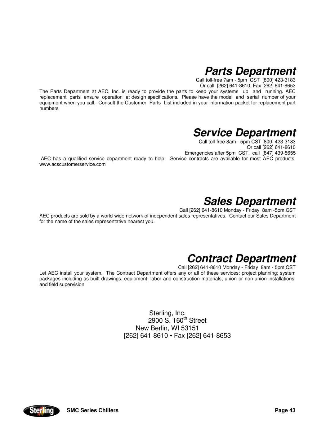 Sterling Power Products 30F to 65F installation manual Parts Department 