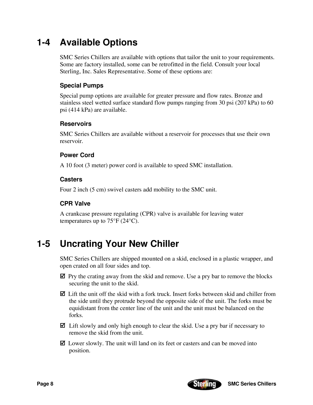 Sterling Power Products 30F to 65F installation manual Available Options, Uncrating Your New Chiller 