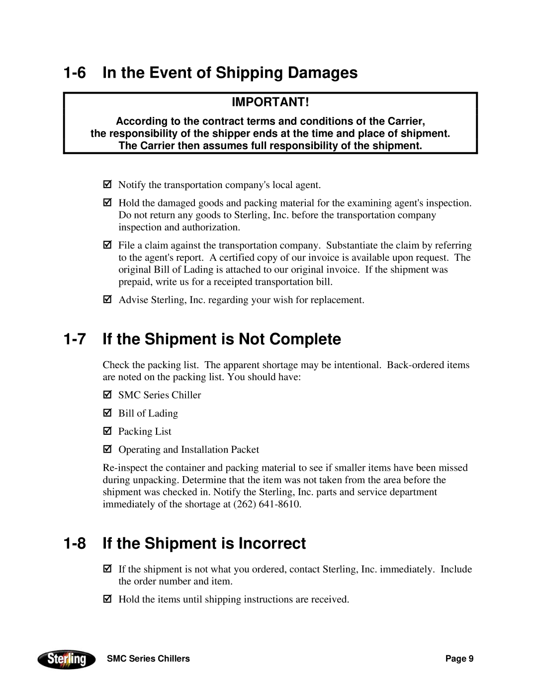 Sterling Power Products 30F to 65F installation manual Event of Shipping Damages, If the Shipment is Not Complete 