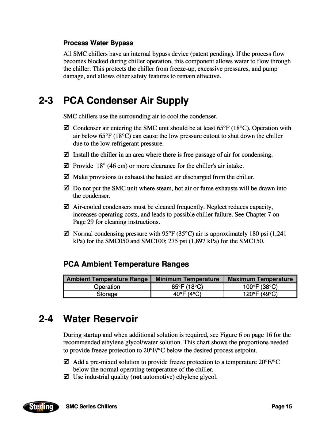 Sterling Power Products 30F to 65F 2-3PCA Condenser Air Supply, 2-4Water Reservoir, PCA Ambient Temperature Ranges 