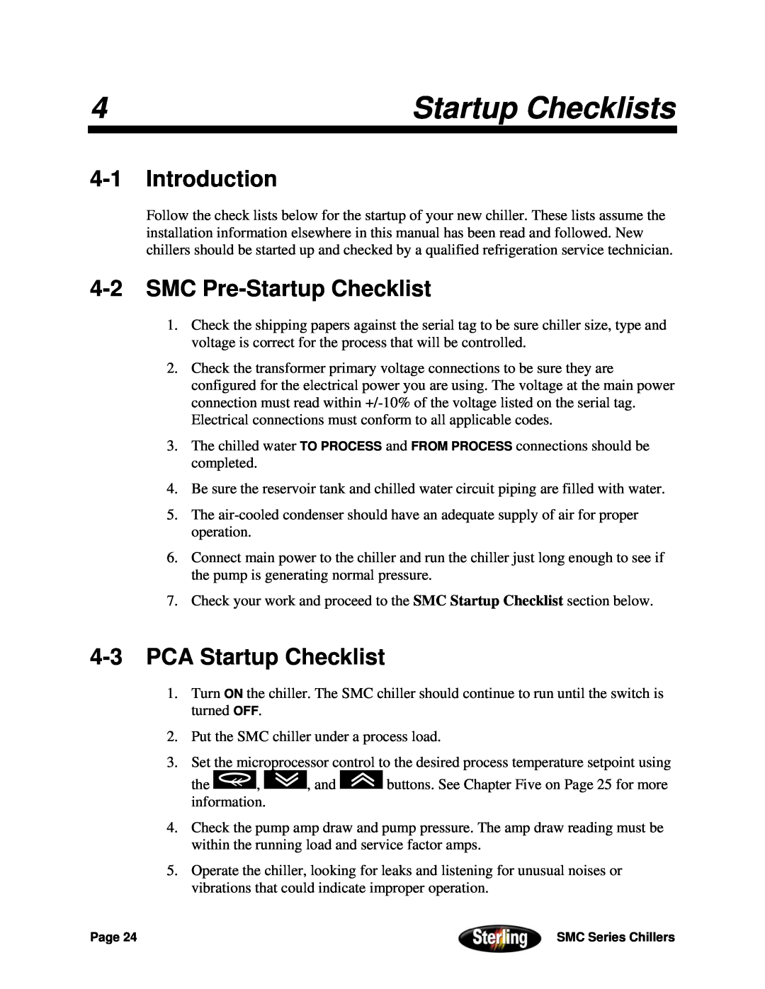 Sterling Power Products 30F to 65F installation manual Startup Checklists, 4-1Introduction, 4-2SMC Pre-StartupChecklist 