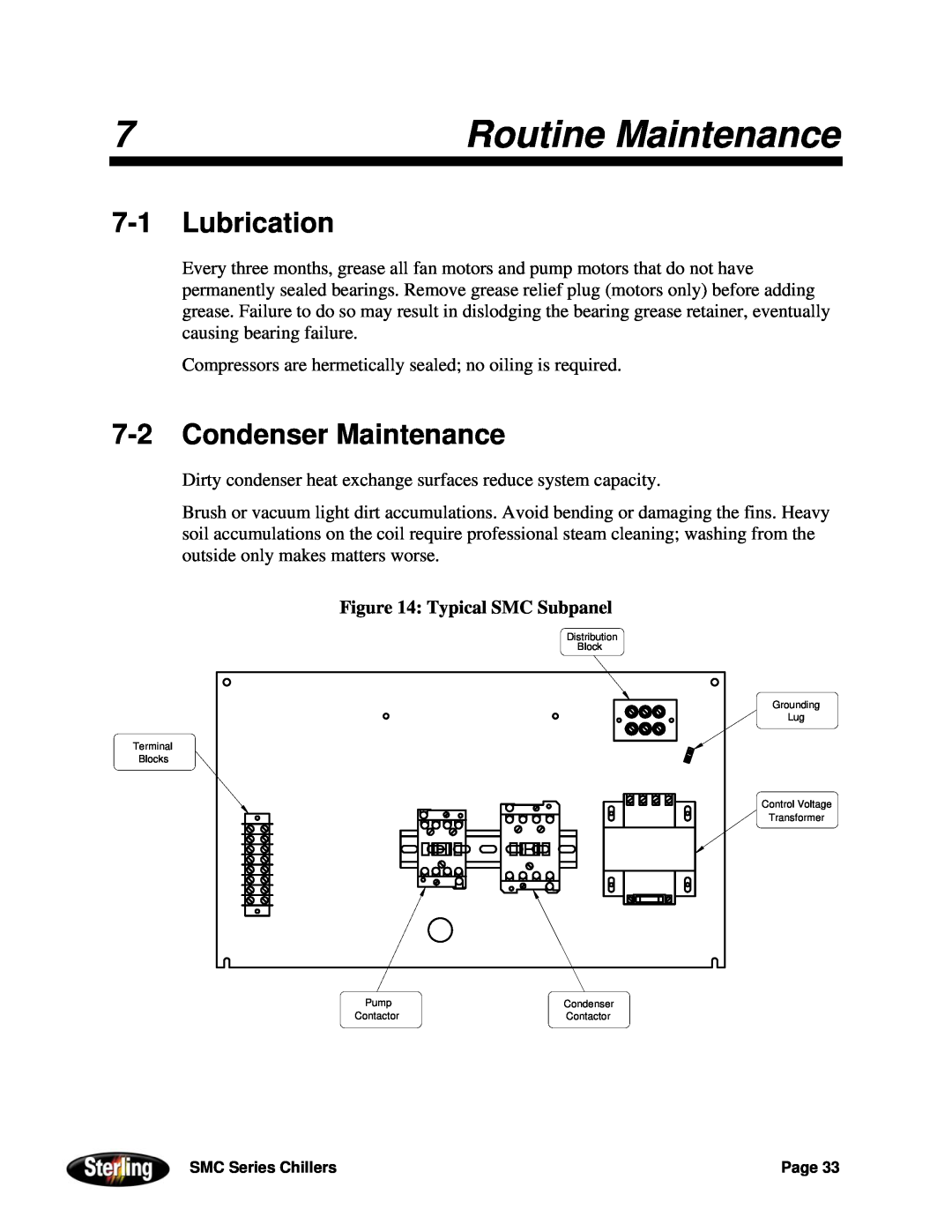 Sterling Power Products 30F to 65F installation manual Routine Maintenance, 7-1Lubrication, 7-2Condenser Maintenance 