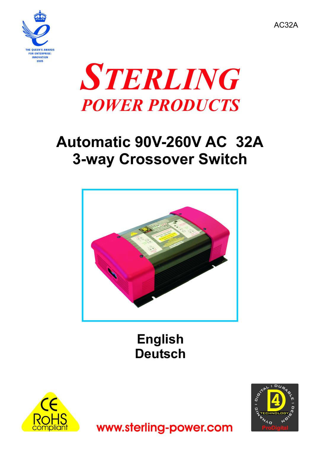 Sterling Power Products AC32A manual compliant, Sterling, Power Products, Automatic 90V-260V AC 32A 3-way Crossover Switch 