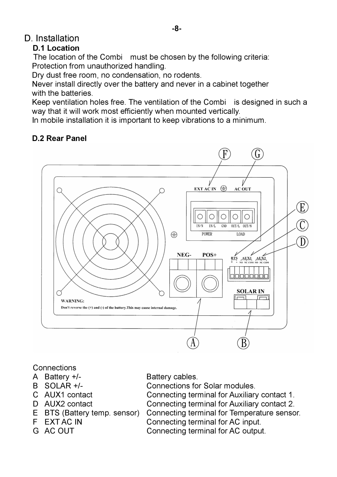 Sterling Power Products DAI-1500C-12xx, DAI-3000C-24xx, DAI-1500C-24xx, DAI-3000C-12xx Installation, Location, Rear Panel 