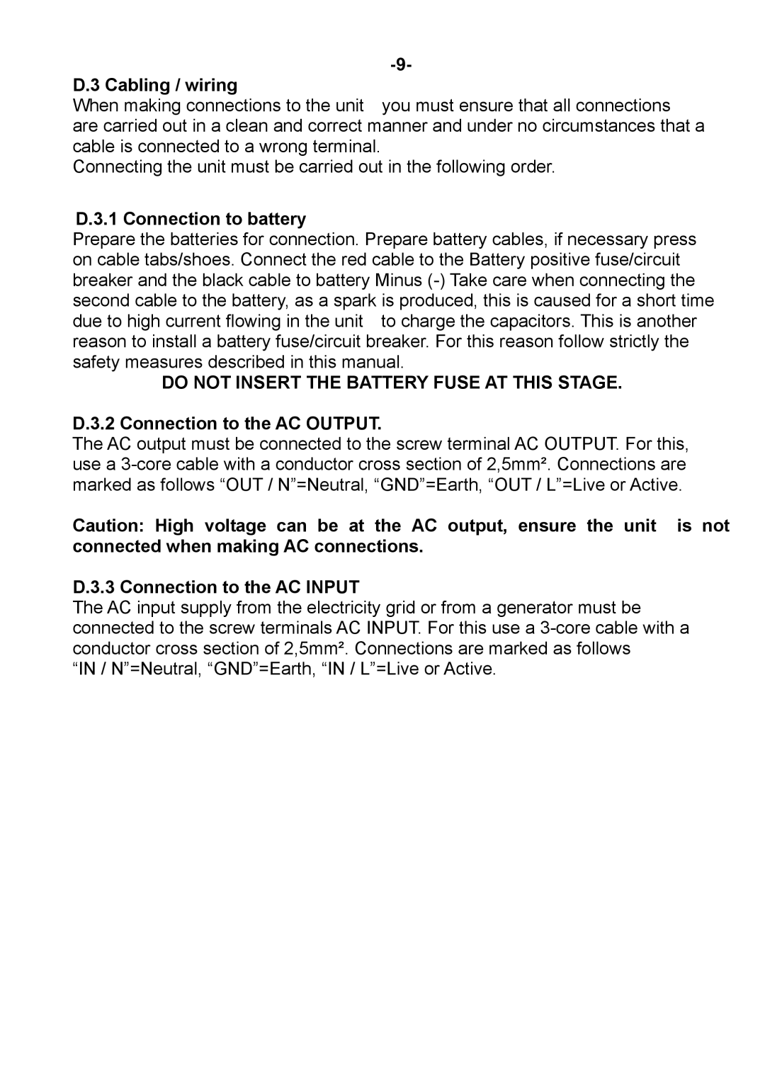 Sterling Power Products DAI-3000C-24xx user manual Cabling / wiring, Connection to battery, Connection to the AC Output 