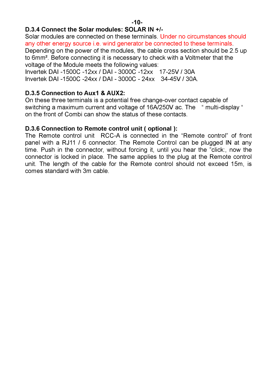 Sterling Power Products DAI-1500C-24xx, DAI-3000C-24xx Connect the Solar modules Solar in +, Connection to Aux1 & AUX2 