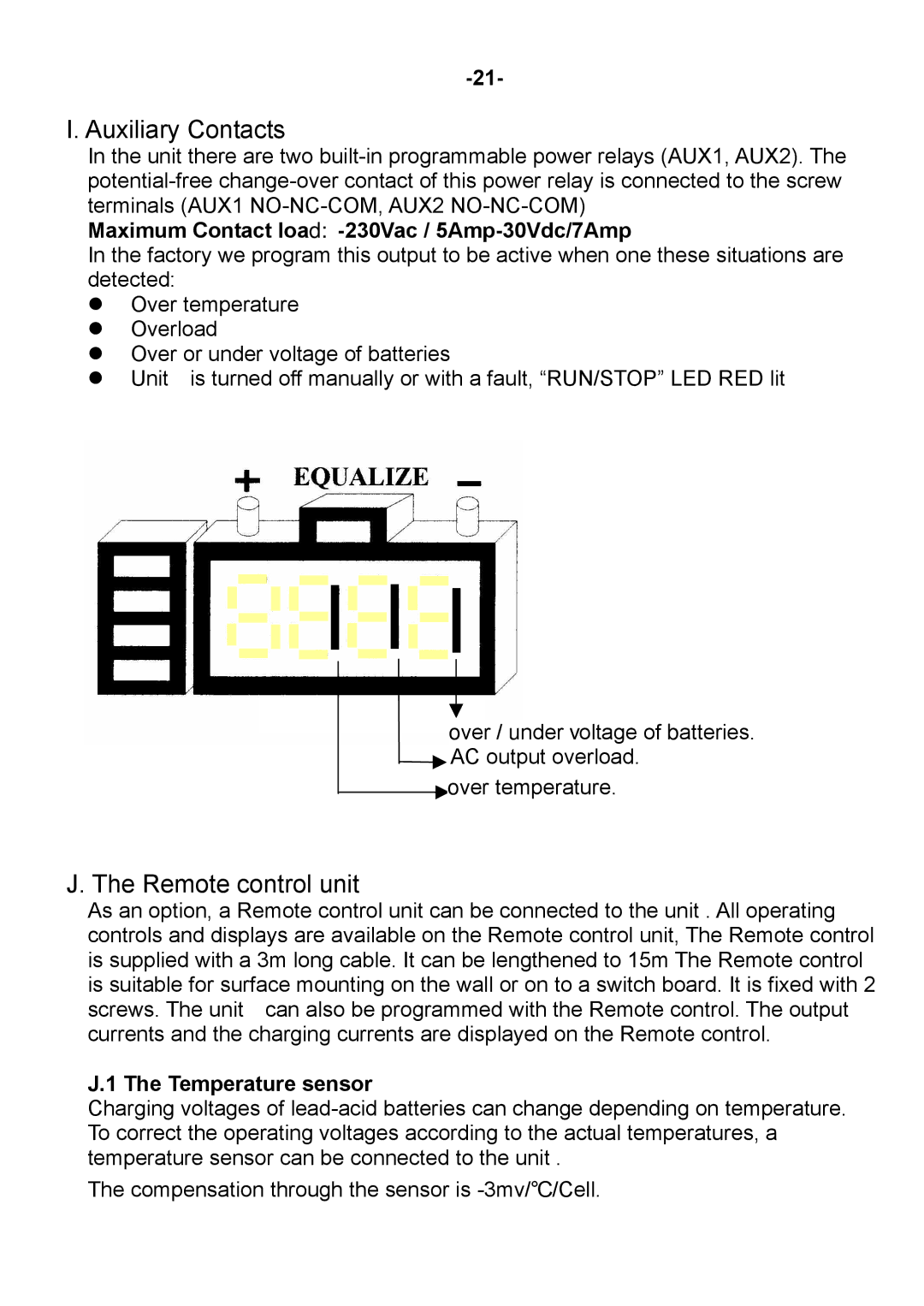 Sterling Power Products DAI-3000C-24xx, DAI-1500C-24xx Auxiliary Contacts, Remote control unit, Temperature sensor 