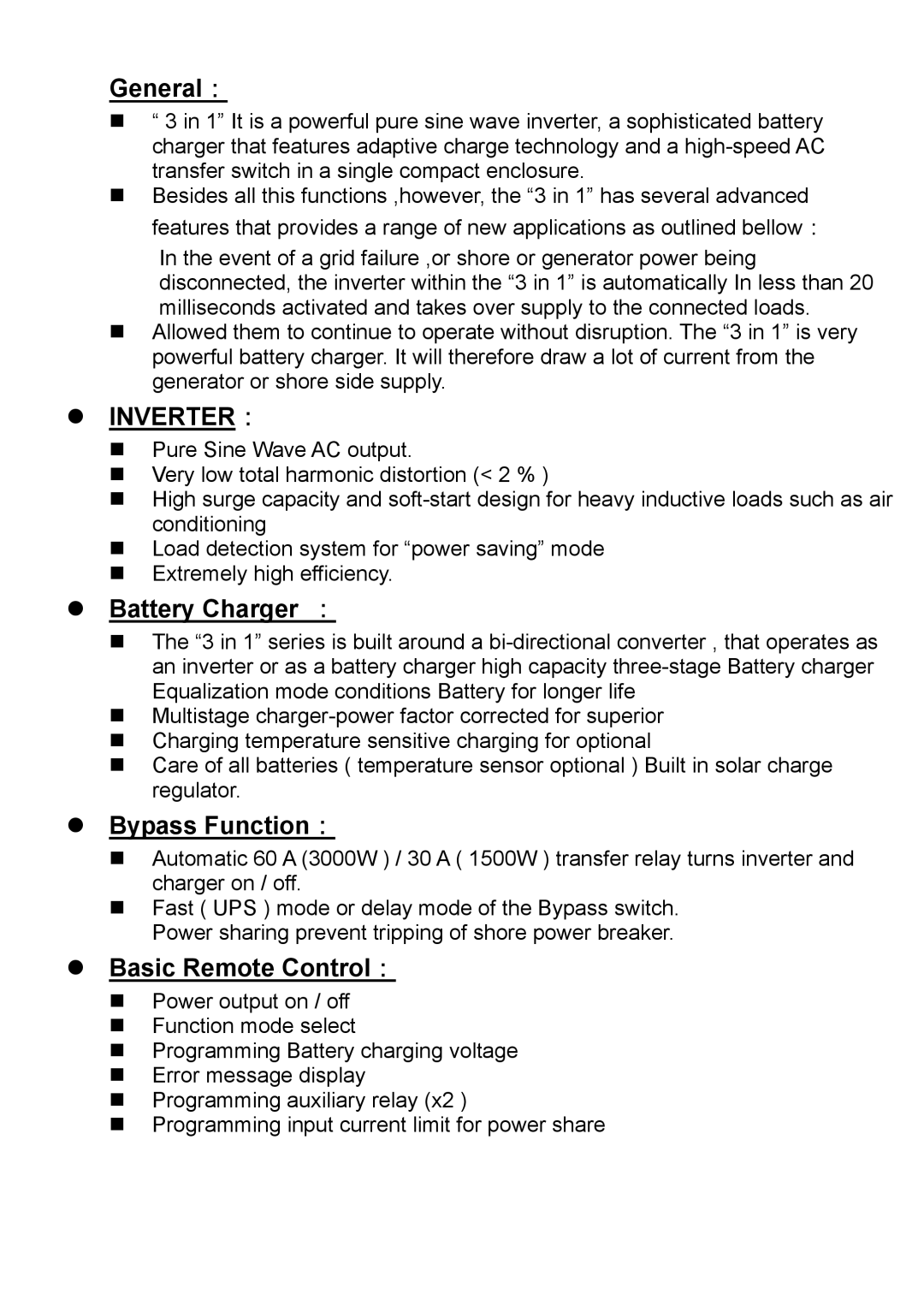 Sterling Power Products DAI-1500C-12xx, DAI-3000C-24xx, DAI-1500C-24xx, DAI-3000C-12xx user manual Inverter： 