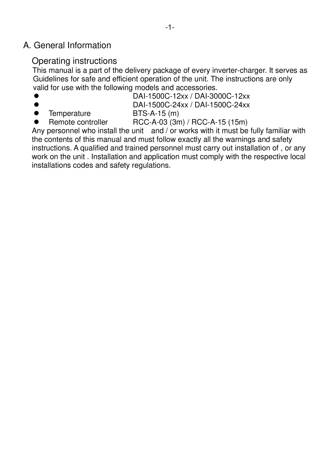 Sterling Power Products DAI-3000C-24xx, DAI-1500C-24xx, DAI-3000C-12xx General Information, Operating instructions 