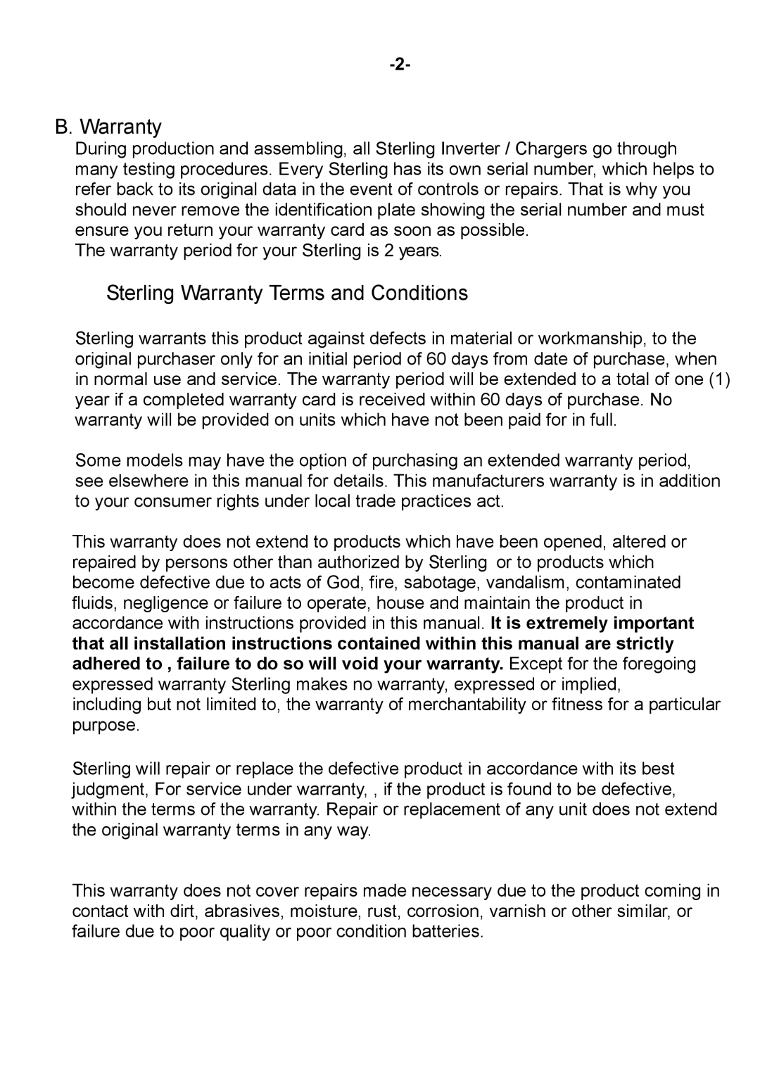 Sterling Power Products DAI-1500C-24xx, DAI-3000C-24xx, DAI-3000C-12xx user manual Sterling Warranty Terms and Conditions 