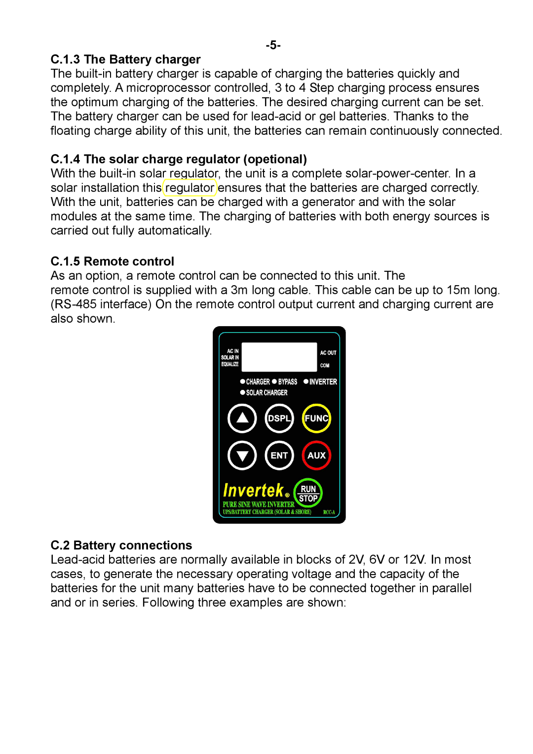 Sterling Power Products DAI-3000C-24xx, DAI-1500C-24xx Battery charger, Solar charge regulator opetional, Remote control 