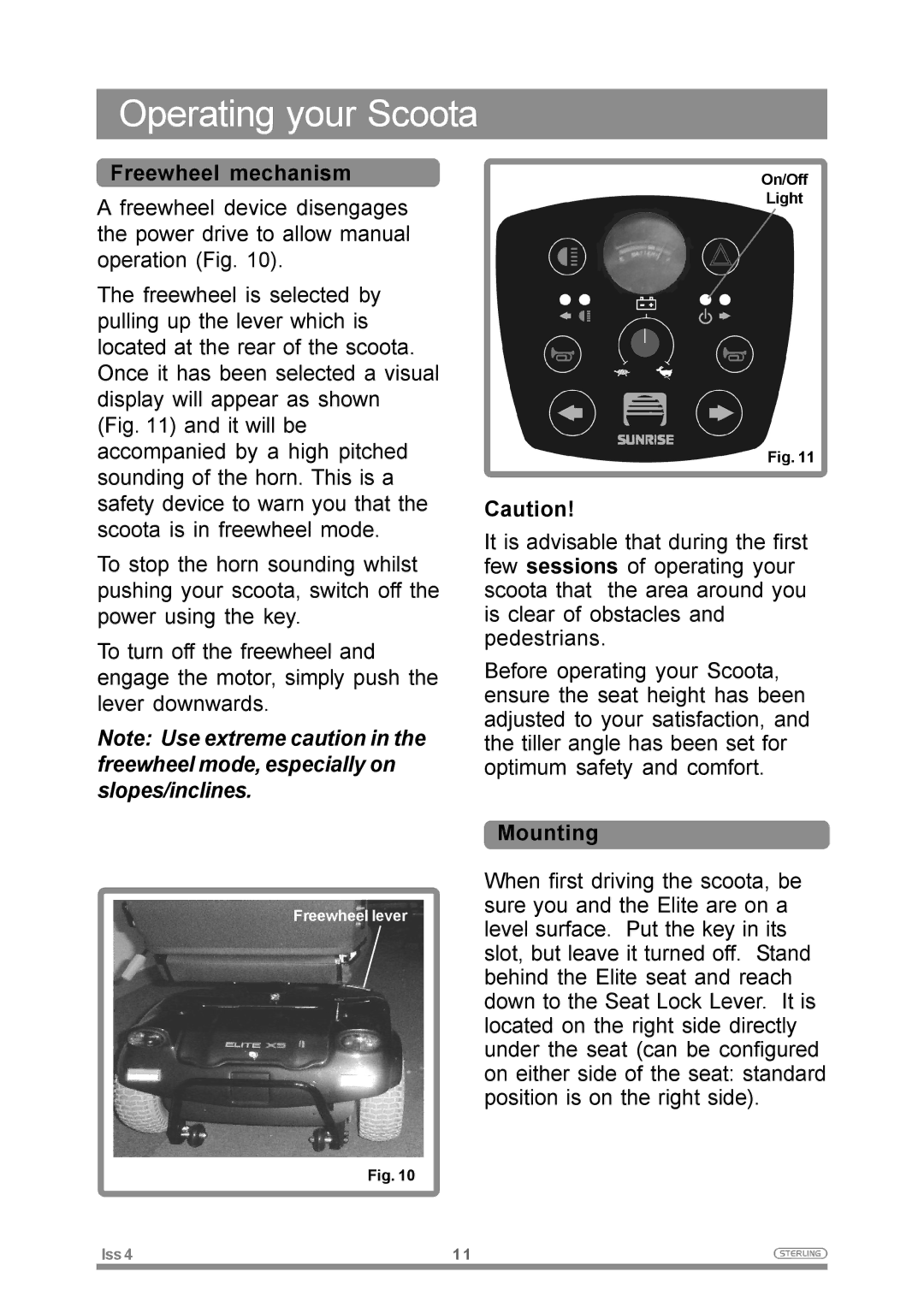 Sterling Power Products Elite XS owner manual Operating your Scoota, Mounting 