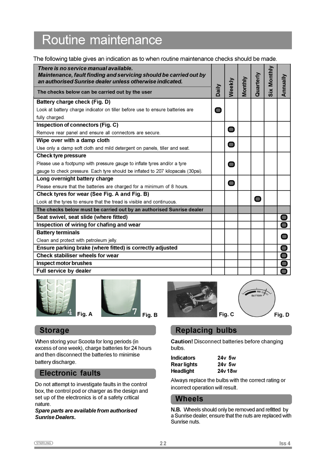 Sterling Power Products Elite XS owner manual Routine maintenance, Storage, Electronic faults, Replacing bulbs, Wheels 