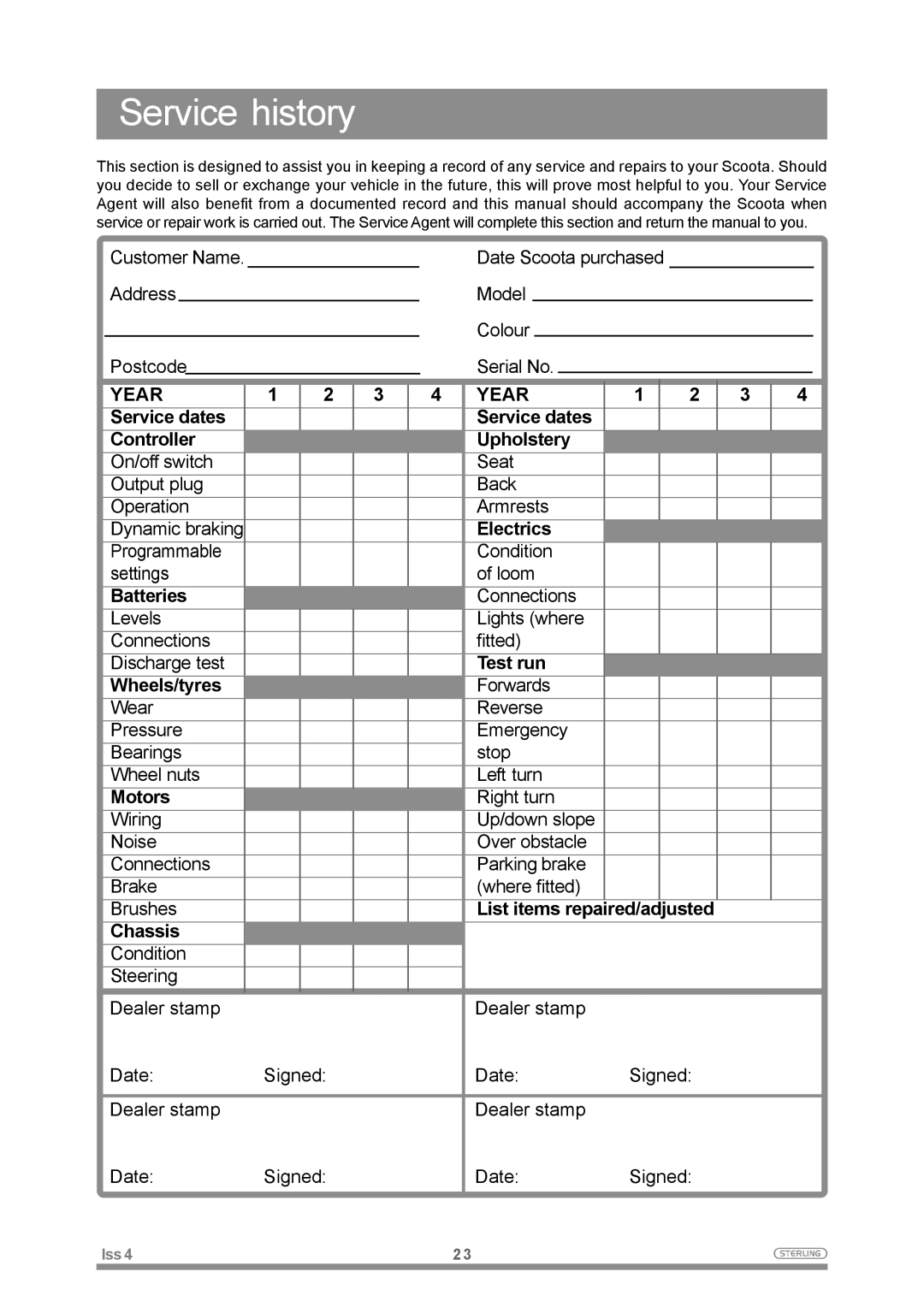 Sterling Power Products Elite XS owner manual Service history, Year 