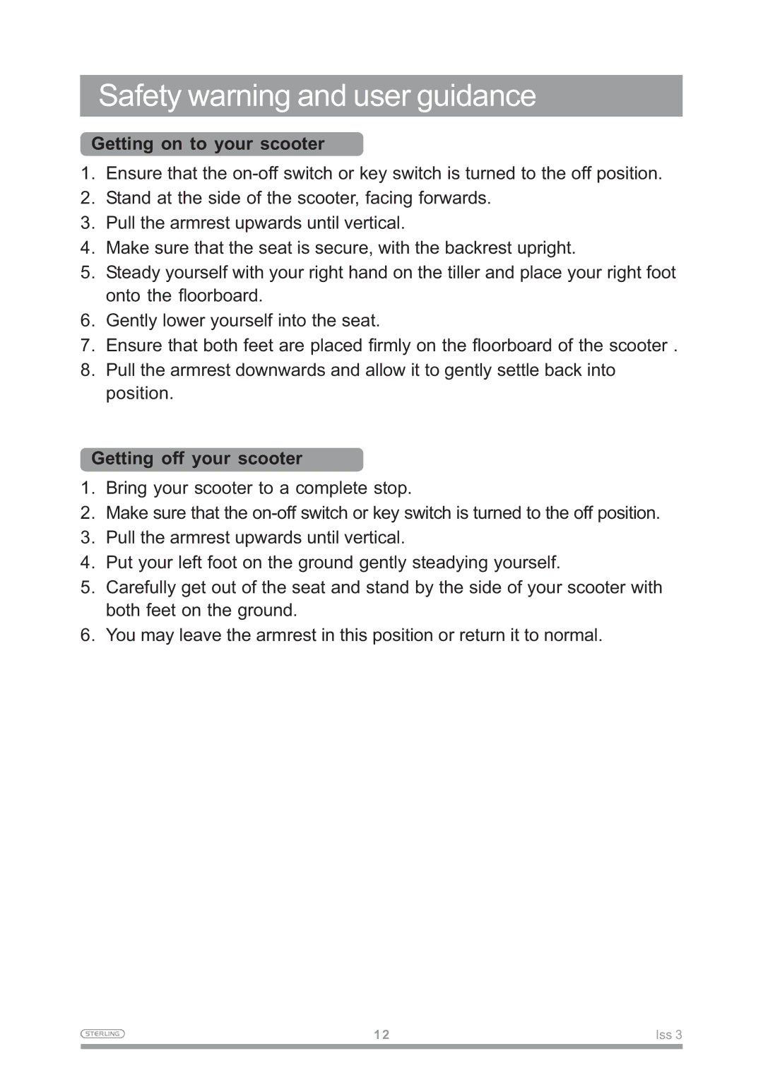 Sterling Power Products Little Gem Safety warning and user guidance, Getting on to your scooter, Getting off your scooter 