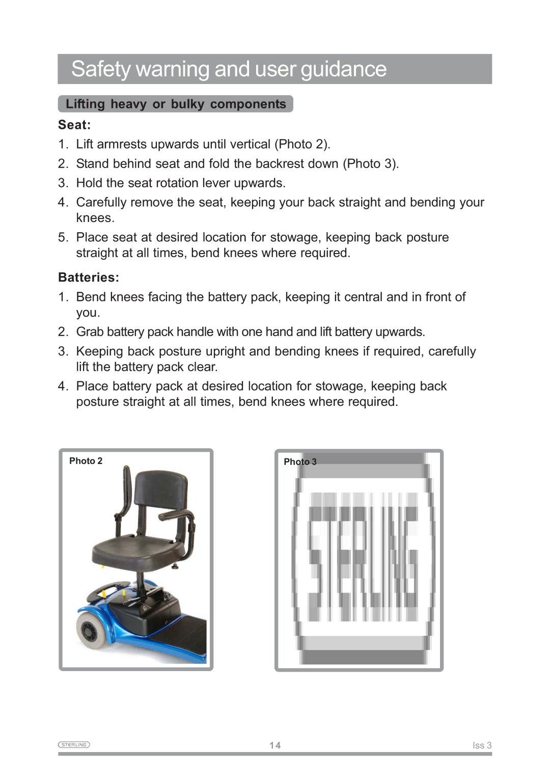 Sterling Power Products Little Gem owner manual Lifting heavy or bulky components Seat, Batteries 