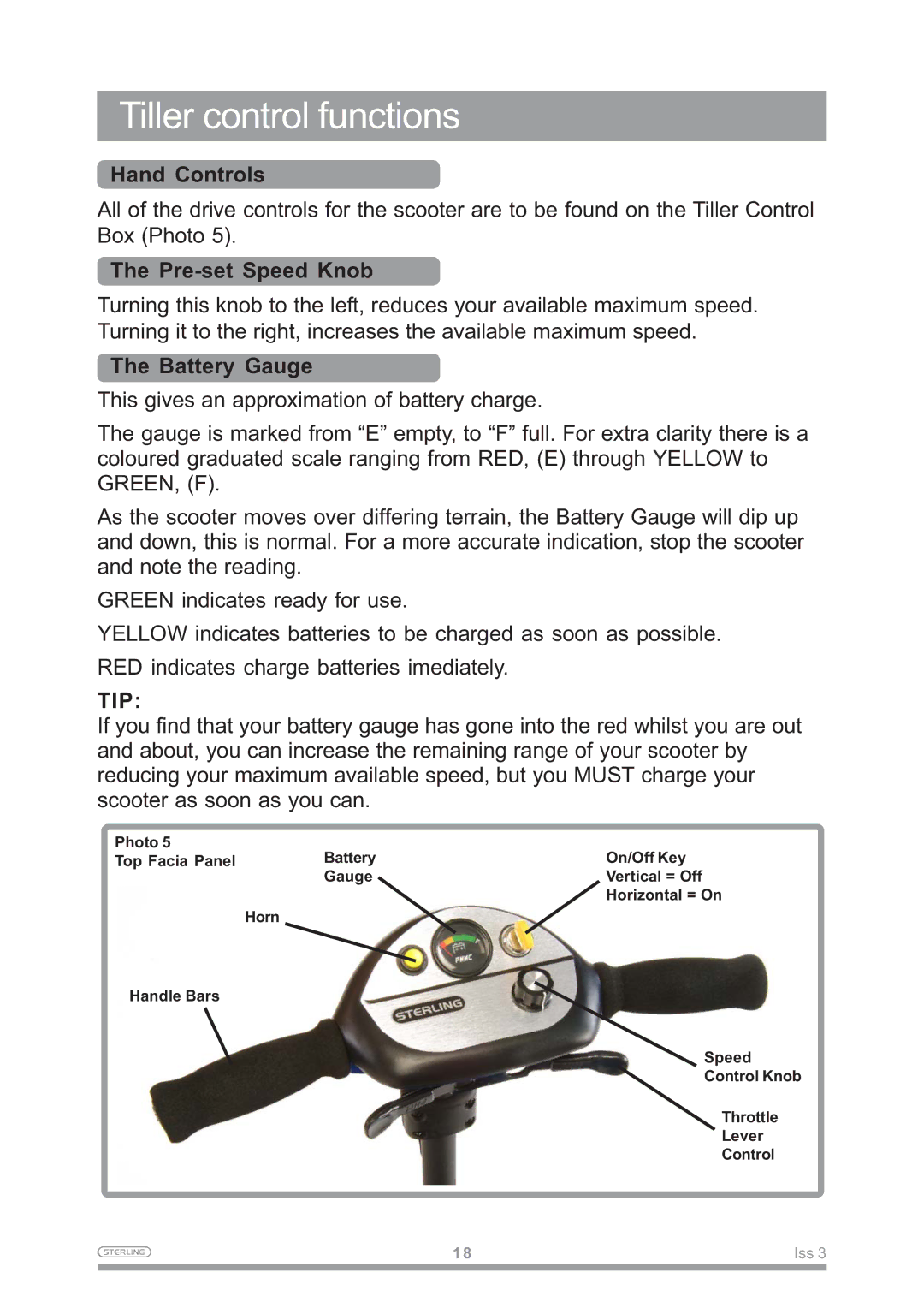 Sterling Power Products Little Gem owner manual Tiller control functions, Hand Controls, Pre-set Speed Knob, Battery Gauge 