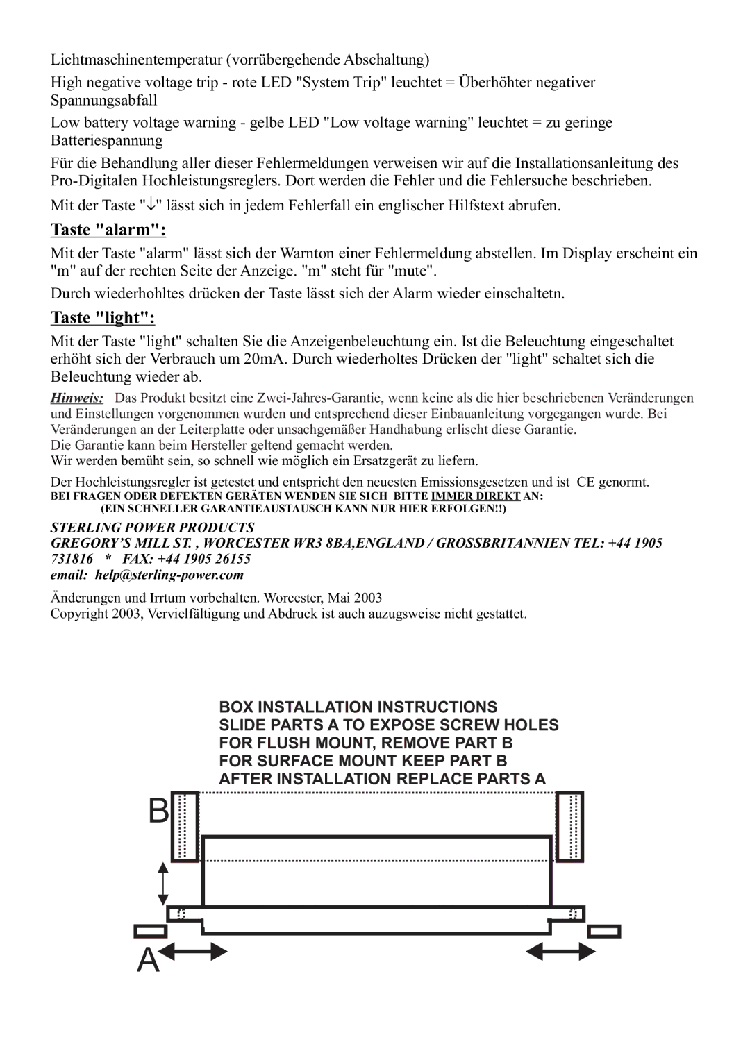 Sterling Power Products PDARRC manual Taste alarm, Taste light 