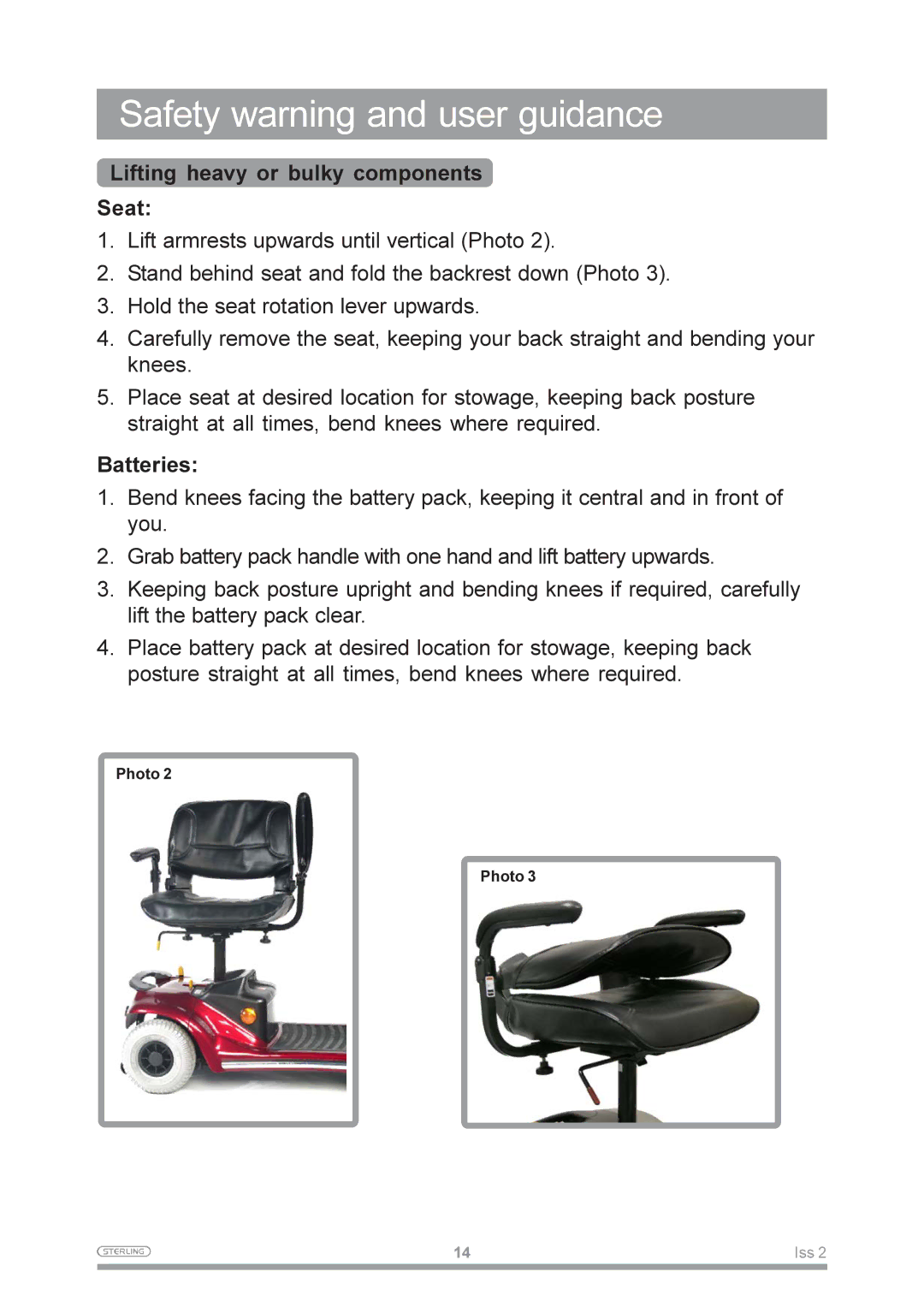 Sterling Power Products Pearl manual Lifting heavy or bulky components Seat, Batteries 