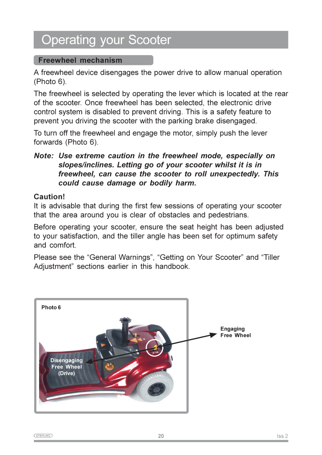 Sterling Power Products Pearl manual Operating your Scooter, Freewheel mechanism 