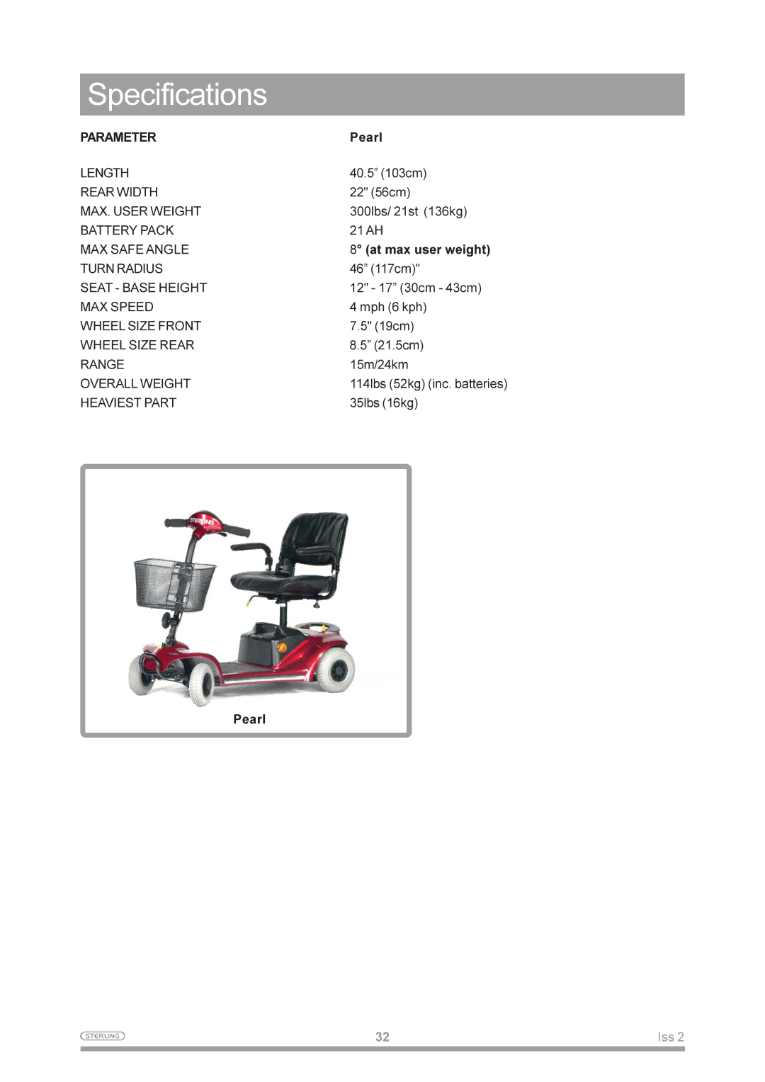 Sterling Power Products Pearl manual Specifications, Parameter 