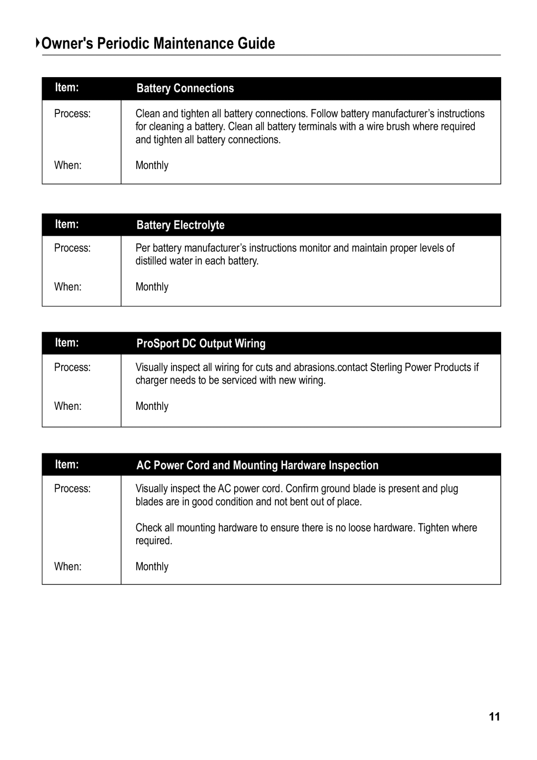 Sterling Power Products PS1212, PS1220, PS1208 manual Owners Periodic Maintenance Guide, Battery Connections 