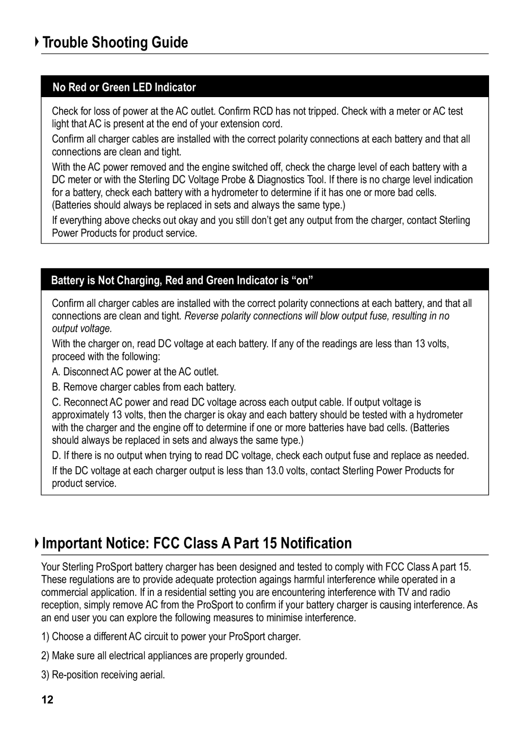 Sterling Power Products PS1220, PS1208, PS1212 Trouble Shooting Guide, Important Notice FCC Class a Part 15 Notification 