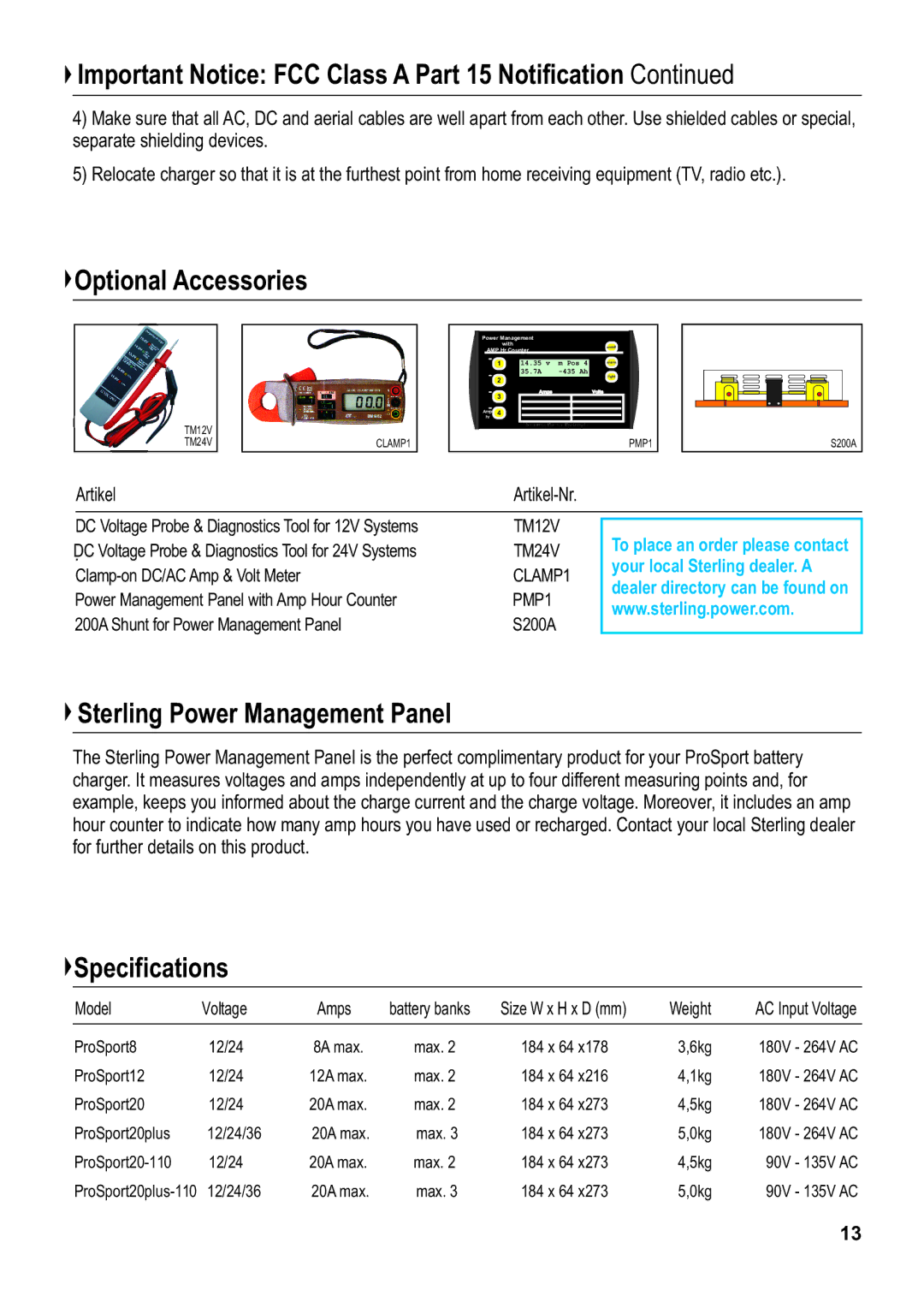 Sterling Power Products PS1208, PS1220, PS1212 manual Optional Accessories, Sterling Power Management Panel, Specifications 