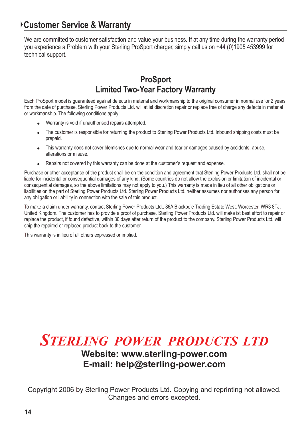 Sterling Power Products PS1212, PS1220, PS1208 manual Customer Service & Warranty, ProSport Limited Two-Year Factory Warranty 