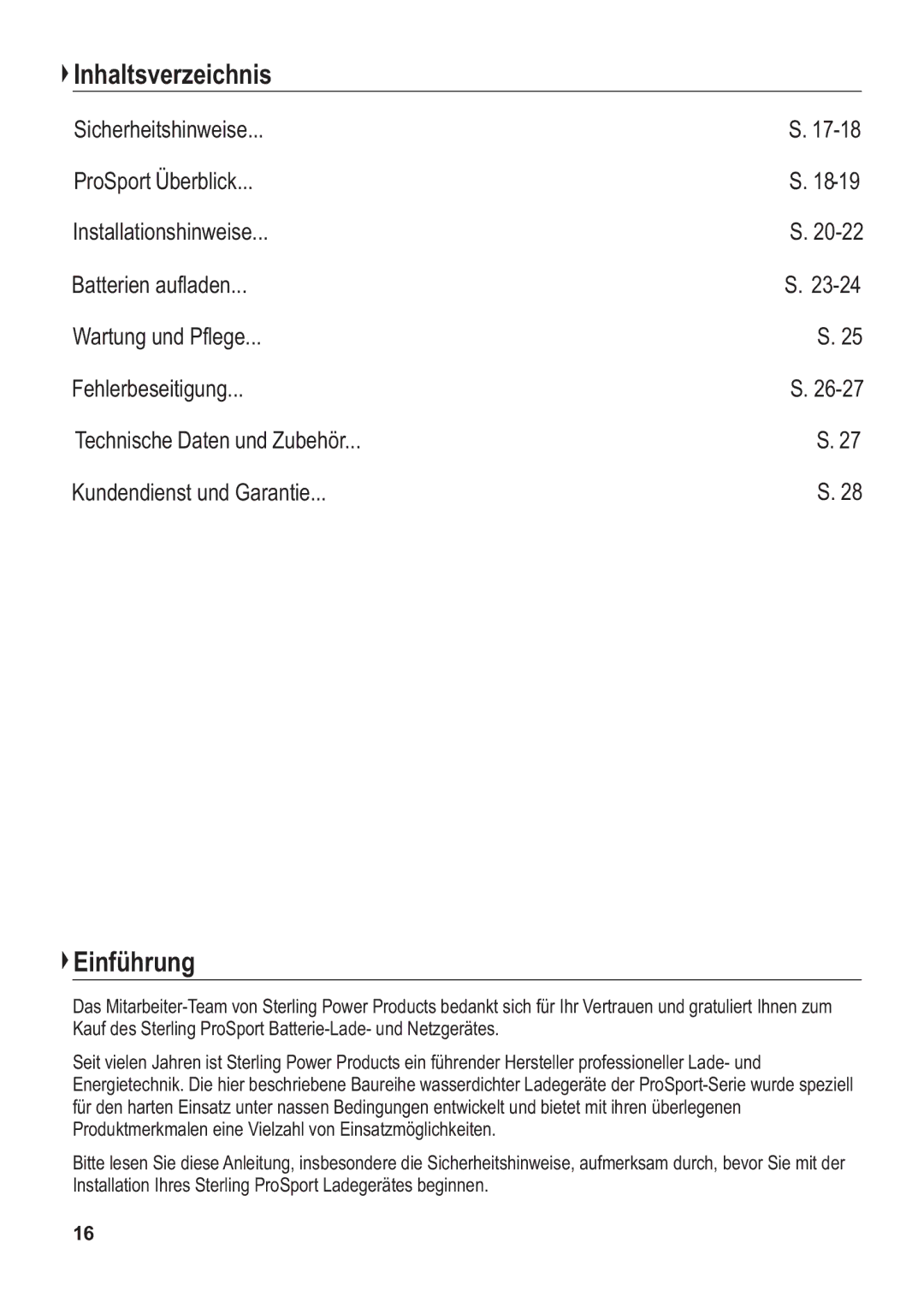 Sterling Power Products PS1208, PS1220, PS1212 manual Inhaltsverzeichnis, Einführung 