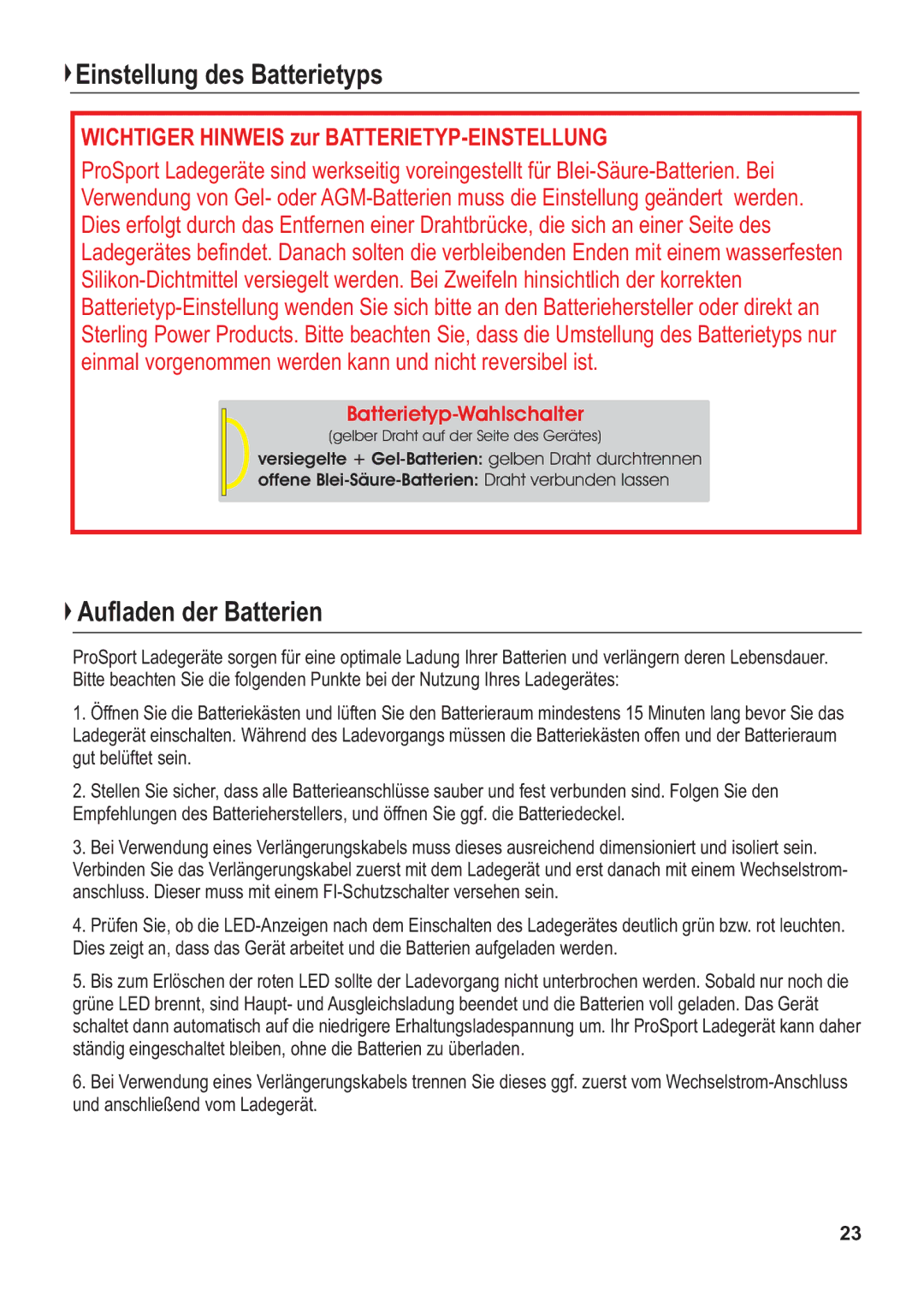 Sterling Power Products PS1212, PS1220, PS1208 manual Einstellung des Batterietyps, Aufladen der Batterien 