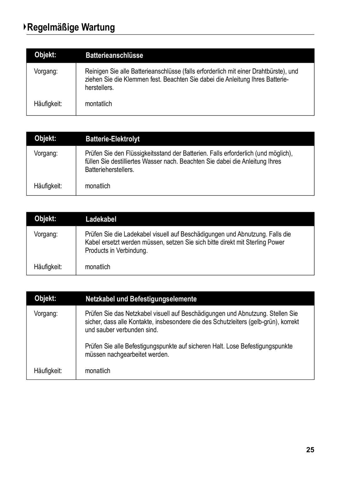 Sterling Power Products PS1208, PS1220, PS1212 manual Regelmäßige Wartung, Objekt Batterieanschlüsse 