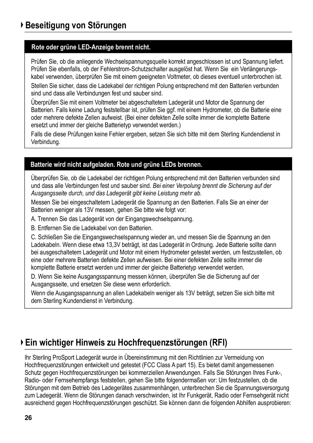 Sterling Power Products PS1212, PS1220 manual Beseitigung von Störungen, Ein wichtiger Hinweis zu Hochfrequenzstörungen RFI 