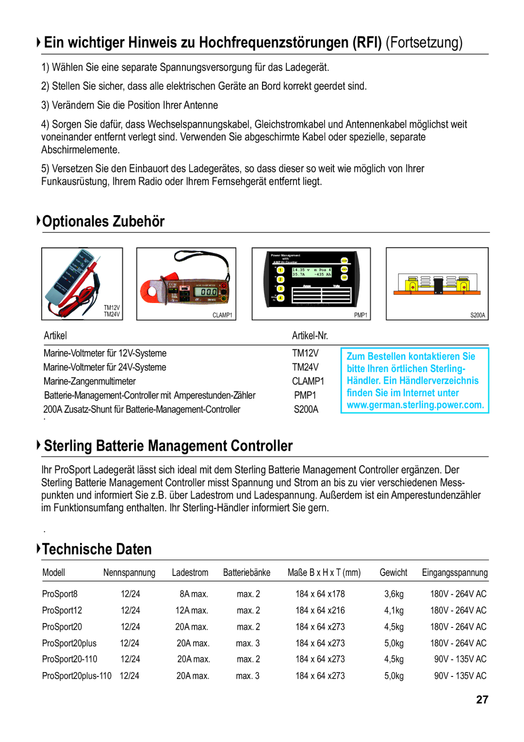 Sterling Power Products PS1220, PS1208 manual Optionales Zubehör, Sterling Batterie Management Controller, Technische Daten 