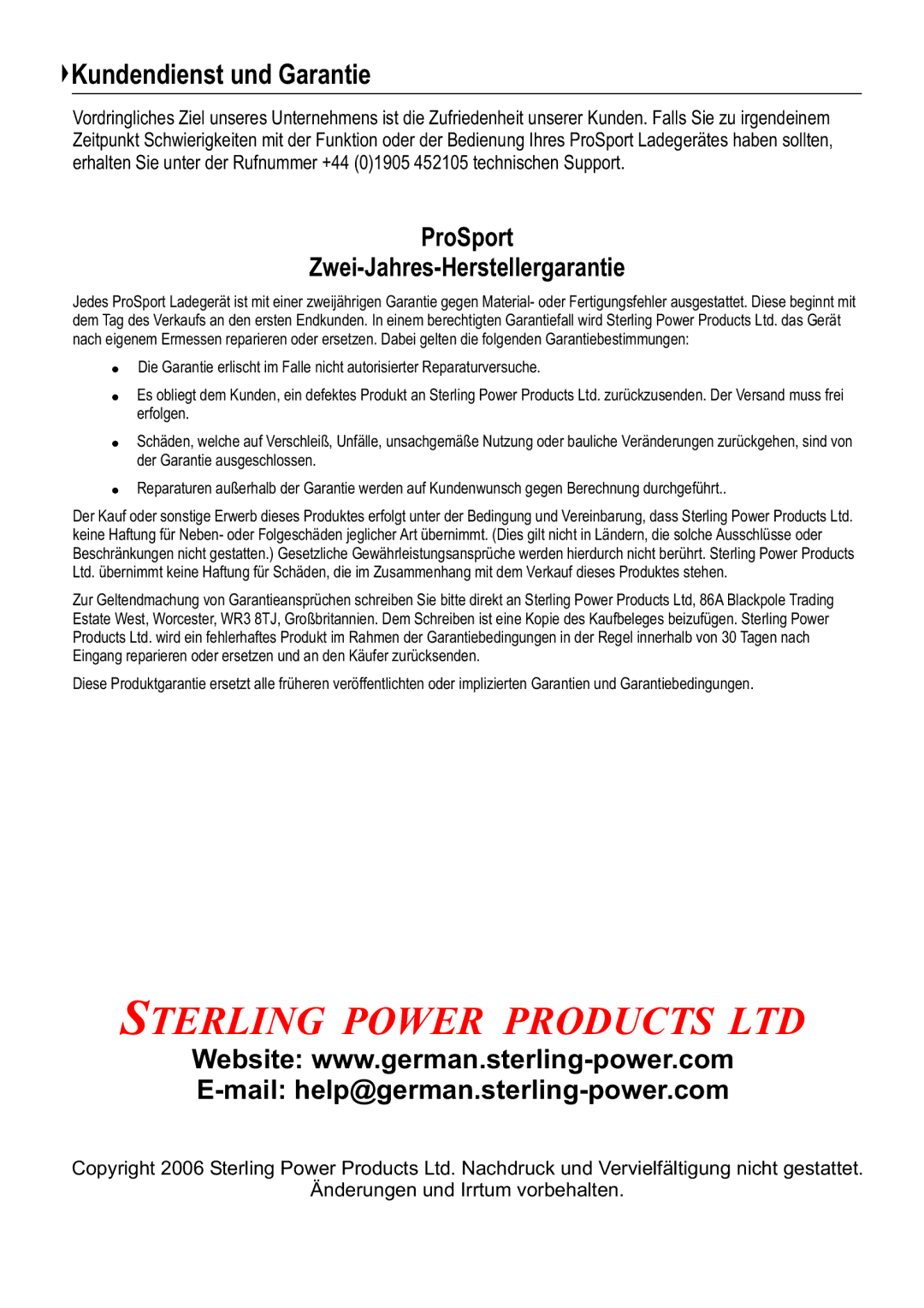 Sterling Power Products PS1208, PS1220, PS1212 manual Kundendienst und Garantie, ProSport Zwei-Jahres-Herstellergarantie 