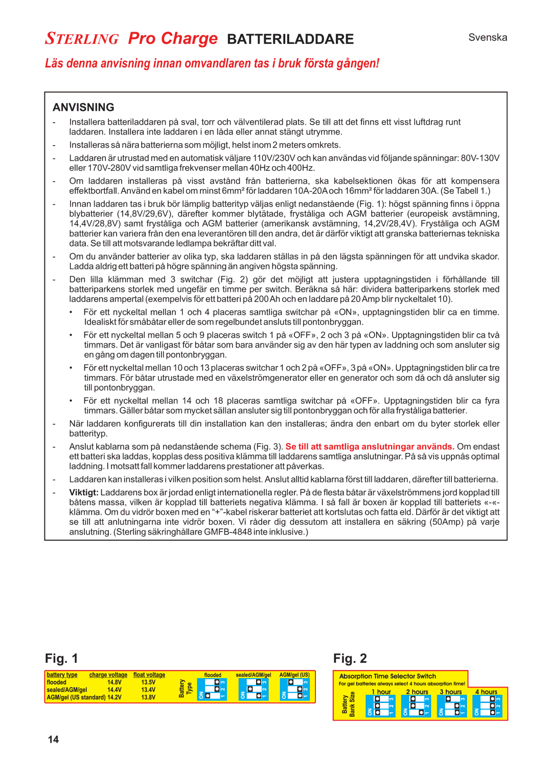 Sterling Power Products PT2415, PT1220, PT1210 manual Sterling Pro Charge Batteriladdare, Anvisning 