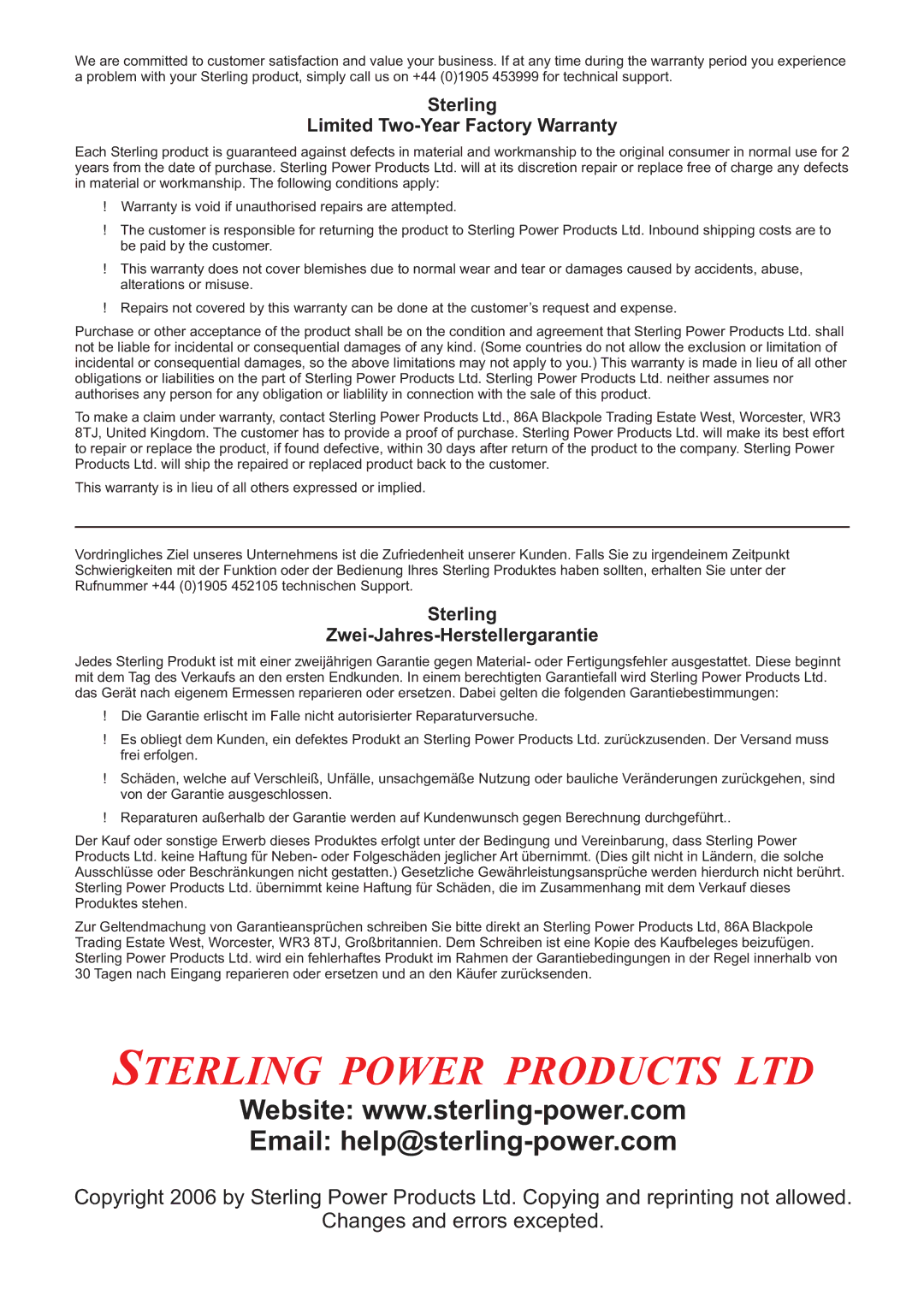 Sterling Power Products PT1210, PT1220, PT2415 manual Email help@sterling-power.com 