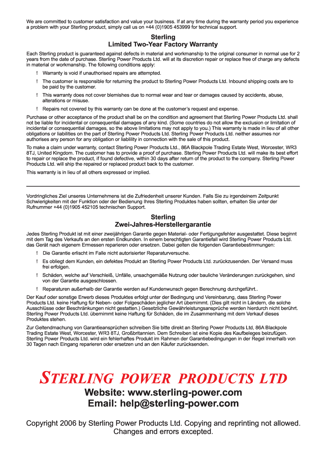 Sterling Power Products PT1210, PT1220 Sterling Limited Two-Year Factory Warranty, Sterling Zwei-Jahres-Herstellergarantie 