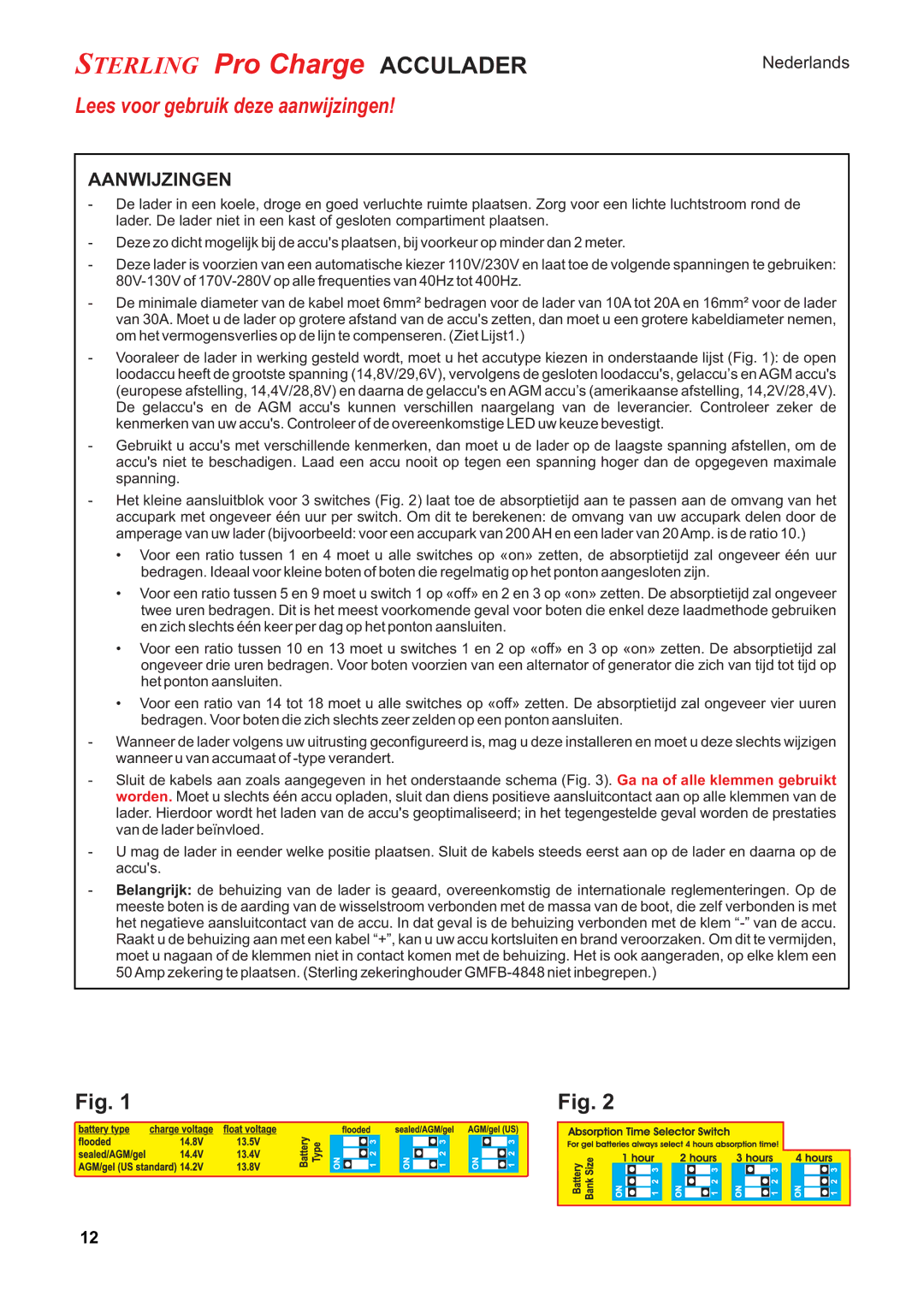 Sterling Power Products PT1230 manual Lees voor gebruik deze aanwijzingen, Aanwijzingen 