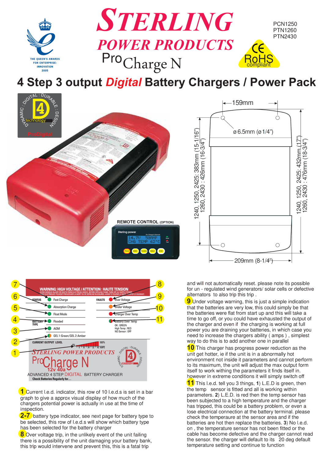 Sterling Power Products PTN1260, PTN2430, PCN1250 manual Sterling 