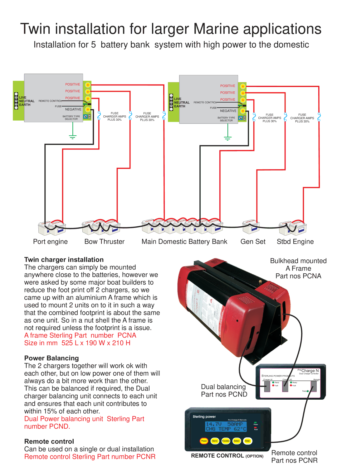 Sterling Power Products PTN1260, PTN2430 Twin charger installation, Power Balancing, Remote control, Remote Control Option 