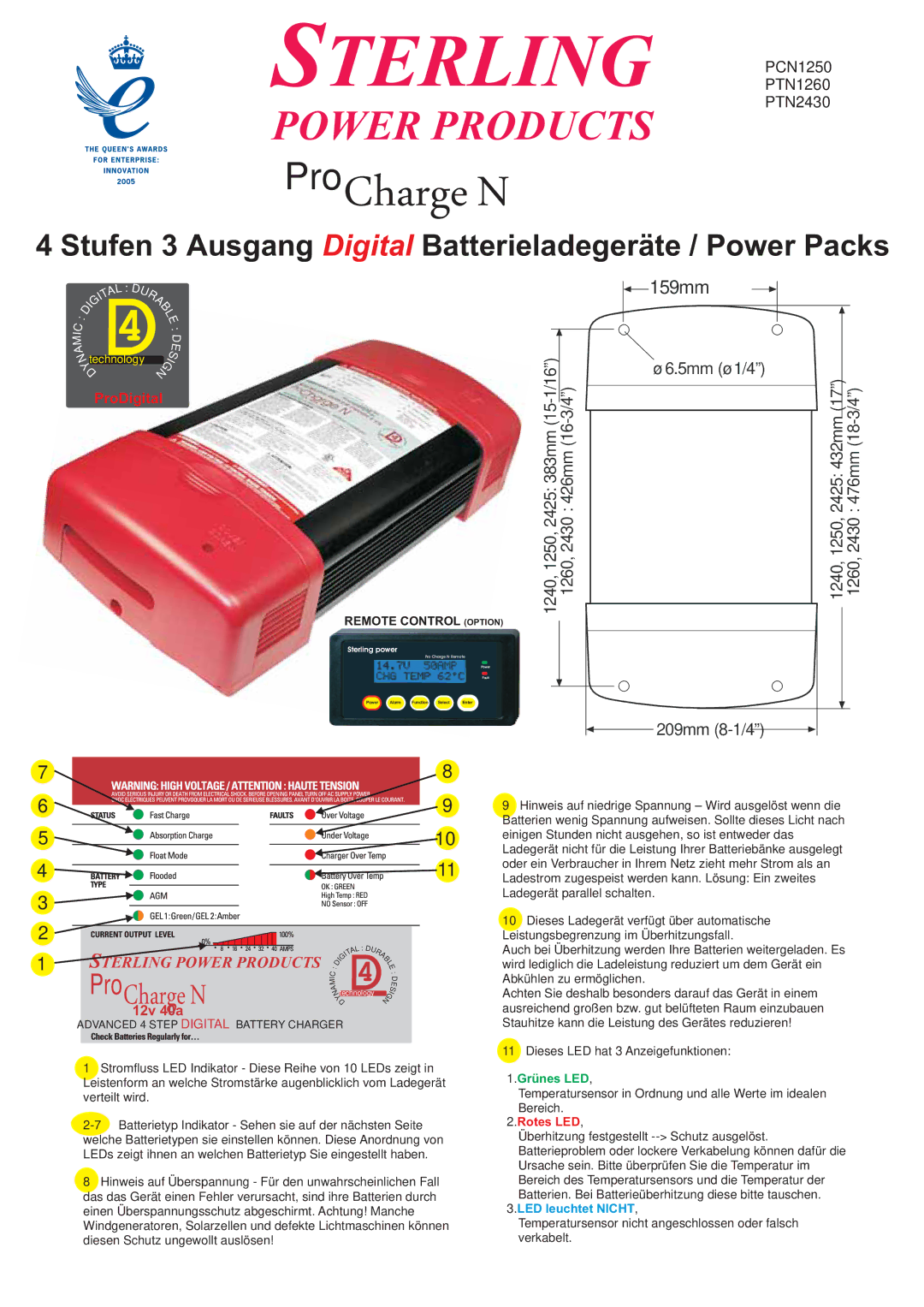 Sterling Power Products PCN1250, PTN2430, PTN1260 manual Stufen 3 Ausgang Digital Batterieladegeräte / Power Packs 