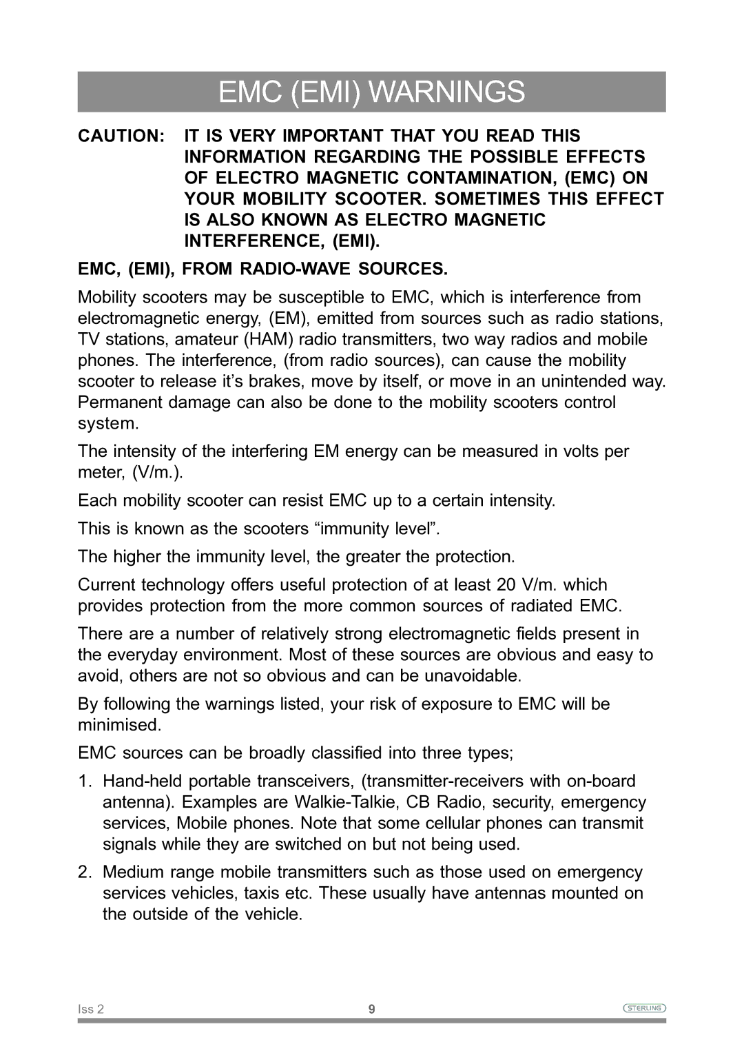 Sterling Power Products Scooter owner manual EMC EMI Warnings 