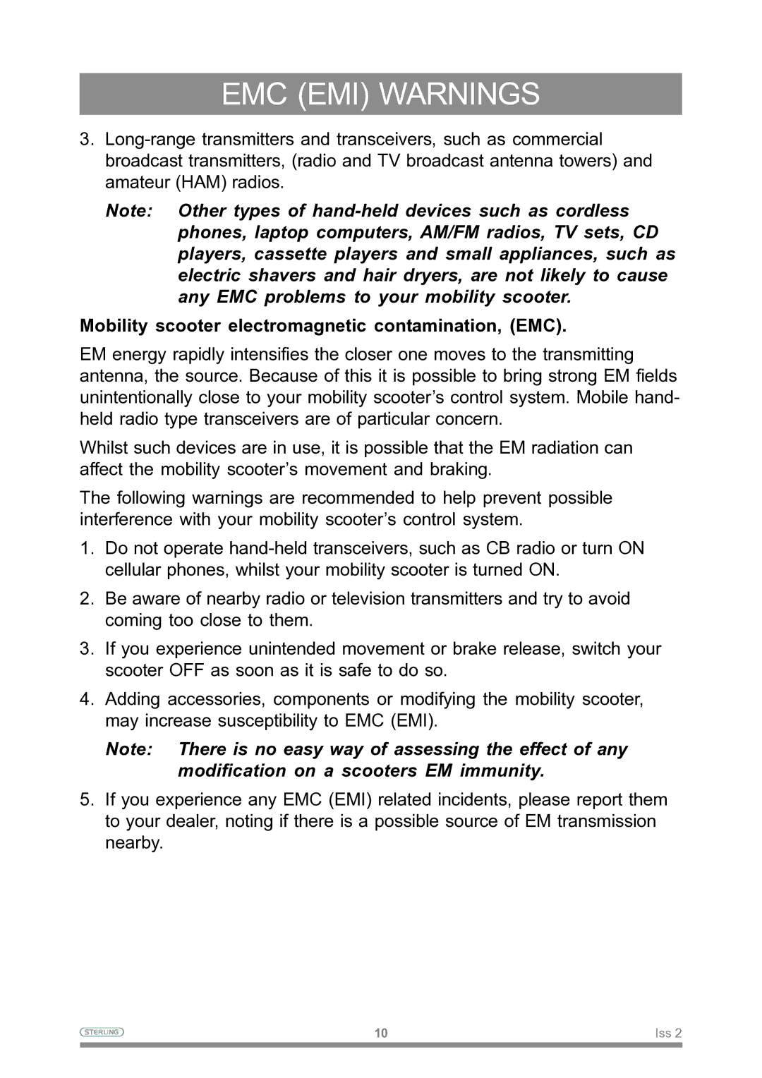 Sterling Power Products Scooter owner manual Mobility scooter electromagnetic contamination, EMC 