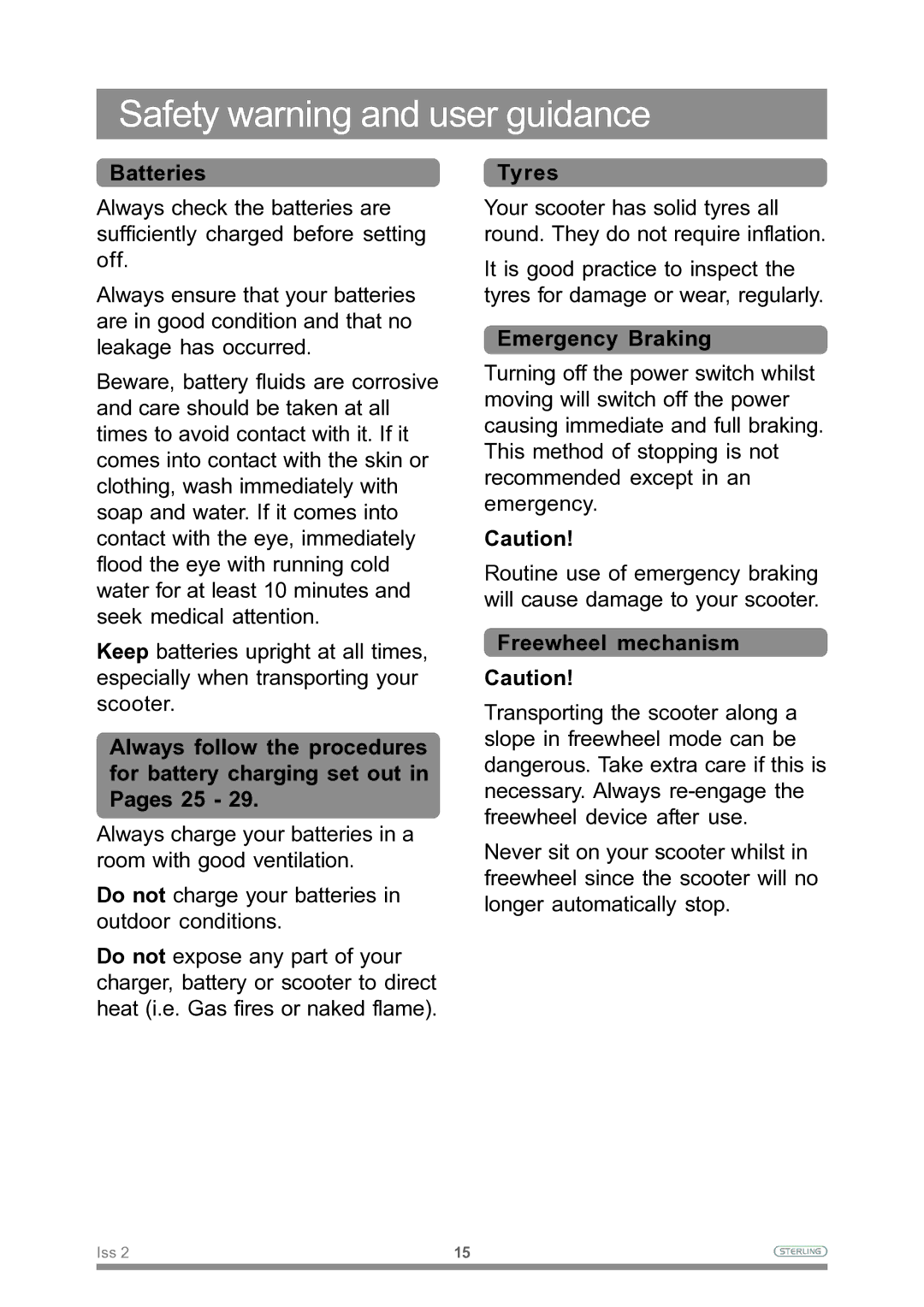 Sterling Power Products Scooter owner manual Emergency Braking, Freewheel mechanism 