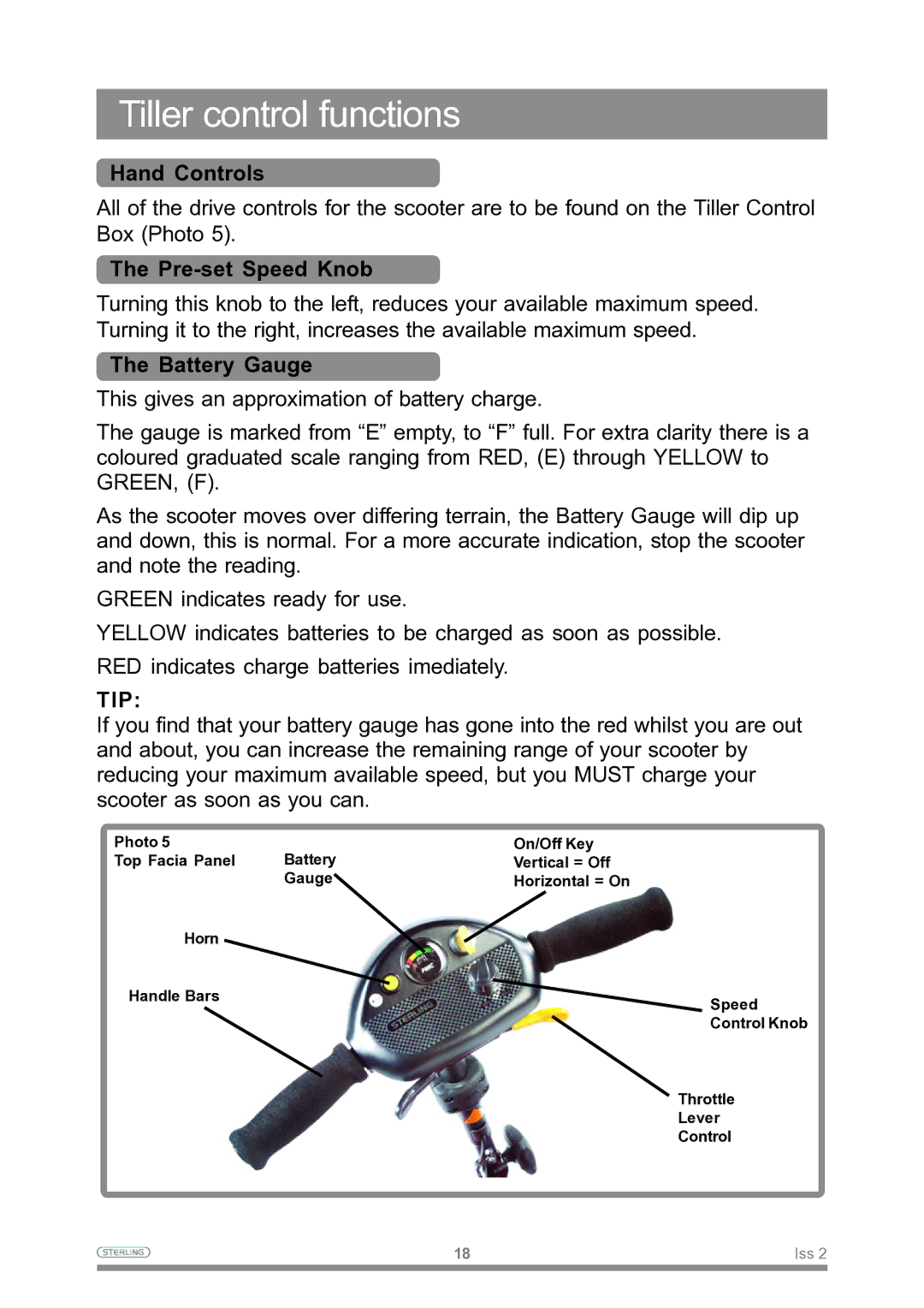 Sterling Power Products Scooter owner manual Tiller control functions, Hand Controls, Pre-set Speed Knob, Battery Gauge 