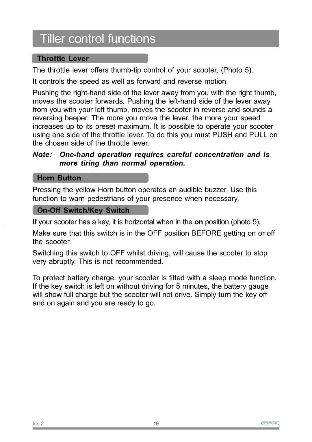 Sterling Power Products Scooter owner manual Throttle Lever, Horn Button, On-Off Switch/Key Switch 