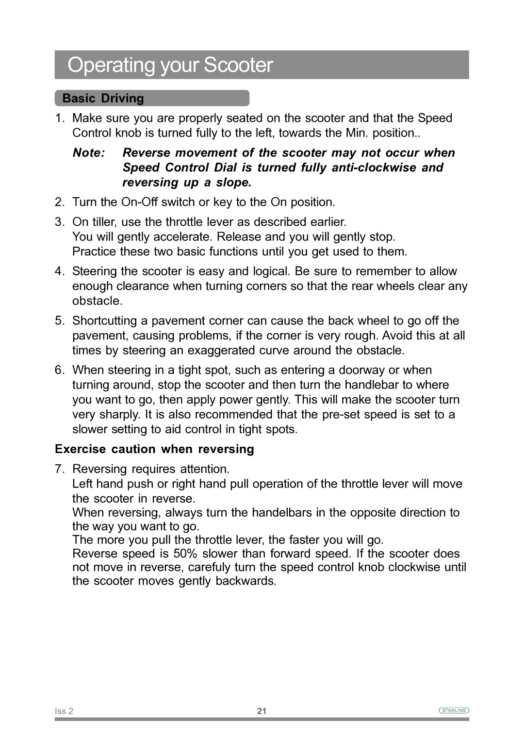 Sterling Power Products Scooter owner manual Basic Driving, Exercise caution when reversing 